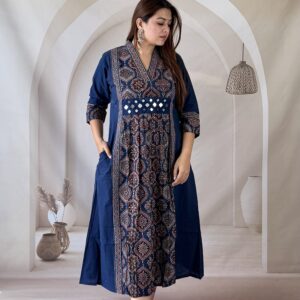 Ajrakh Cotton Hand Block Panel Patch Kurti